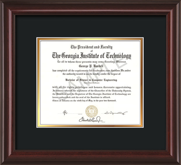 Image of Georgia Tech Diploma Frame - Mahogany Lacquer - w/No Embossing - Black on Gold mat