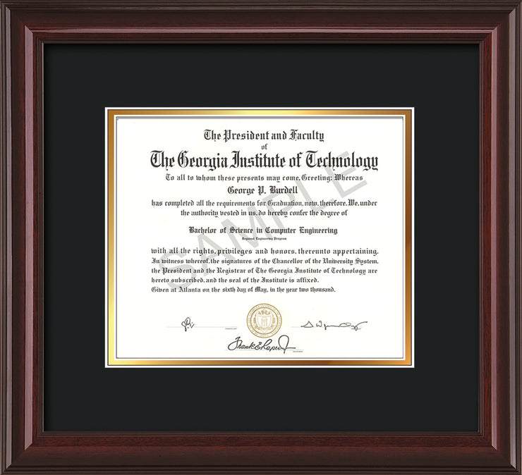 Image of Georgia Tech Diploma Frame - Mahogany Lacquer - w/No Embossing - Black on Gold mat