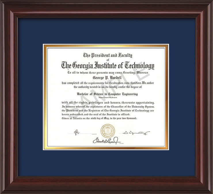 Image of Georgia Tech Diploma Frame - Mahogany Lacquer - w/No Embossing - Navy on Gold mat