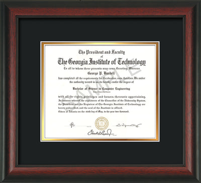 Image of Georgia Tech Diploma Frame - Cherry Reverse - w/No Embossing - Black on Gold mat
