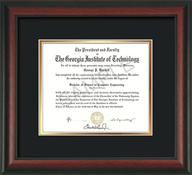 Image of Georgia Tech Diploma Frame - Cherry Reverse - w/No Embossing - Black on Gold mat