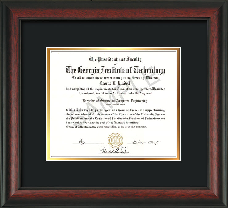Image of Georgia Tech Diploma Frame - Cherry Reverse - w/No Embossing - Black on Gold mat