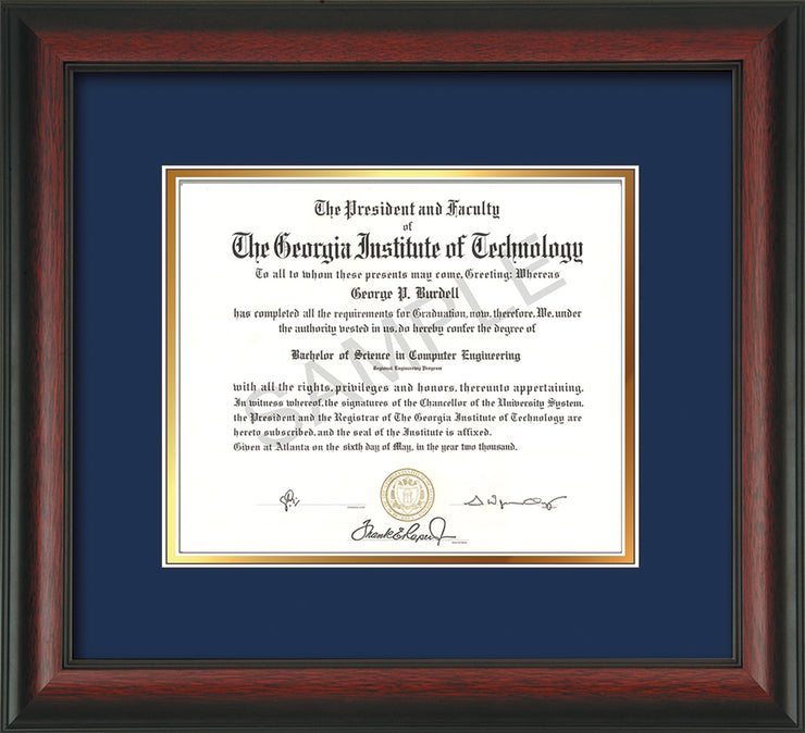 Image of Georgia Tech Diploma Frame - Rosewood - w/No Embossing - Navy on Gold mat