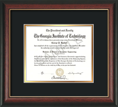 Image of Georgia Tech Diploma Frame - Rosewood with Gold Lip - w/No Embossing - Black on Gold mat