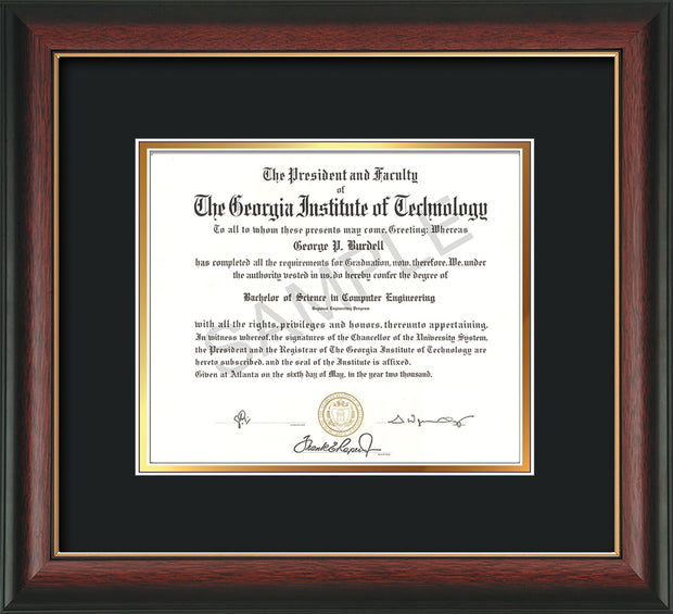 Image of Georgia Tech Diploma Frame - Rosewood with Gold Lip - w/No Embossing - Black on Gold mat