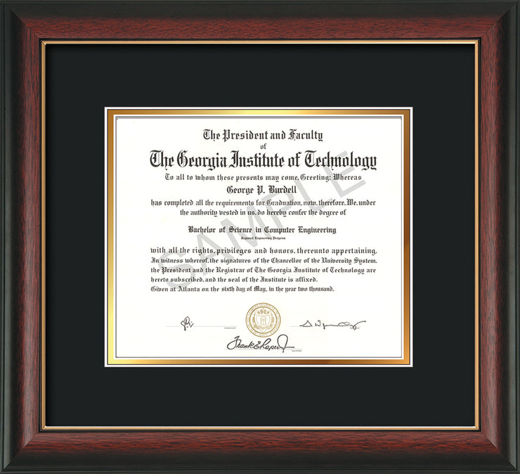 Image of Georgia Tech Diploma Frame - Rosewood with Gold Lip - w/No Embossing - Black on Gold mat