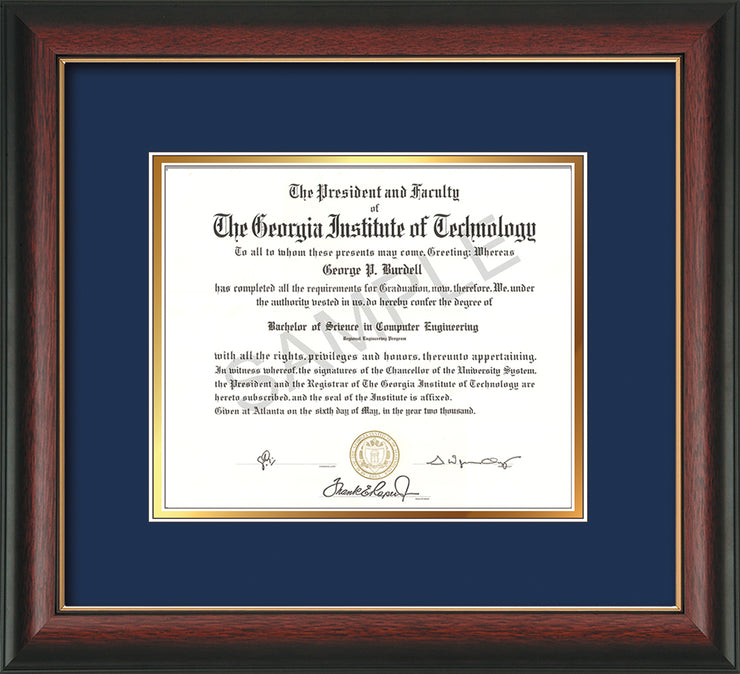 Image of Georgia Tech Diploma Frame - Rosewood - w/No Embossing - Navy on Gold mat