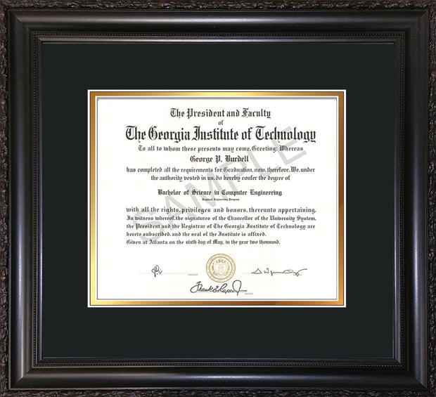 Image of Georgia Tech Diploma Frame - Vintage Black Scoop - w/No Embossing - Black on Gold mat