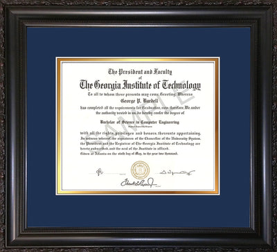 Image of Georgia Tech Diploma Frame - Vintage Black Scoop- w/No Embossing - Navy on Gold mat