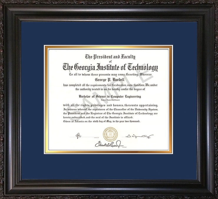 Image of Georgia Tech Diploma Frame - Vintage Black Scoop- w/No Embossing - Navy on Gold mat