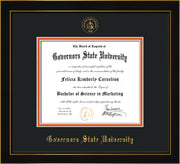 Image of Governor's State University Diploma Frame - Honors Black Satin - w/Embossed GSU Seal & Name - Black on Orange mat