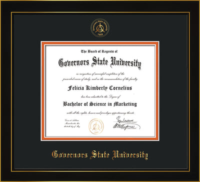 Image of Governor's State University Diploma Frame - Honors Black Satin - w/Embossed GSU Seal & Name - Black on Orange mat