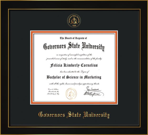 Image of Governor's State University Diploma Frame - Honors Black Satin - w/Embossed GSU Seal & Name - Black on Orange mat