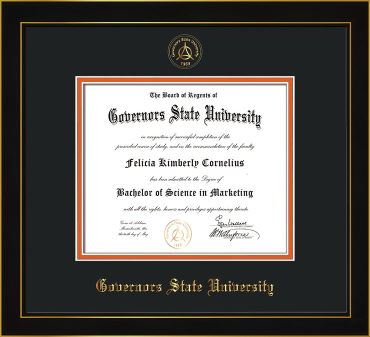Image of Governor's State University Diploma Frame - Honors Black Satin - w/Embossed GSU Seal & Name - Black on Orange mat