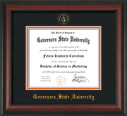 Image of Governor's State University Diploma Frame - Rosewood- w/Embossed GSU Seal & Name - Black on Orange mat
