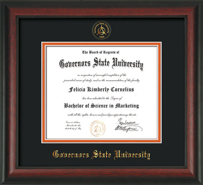Image of Governor's State University Diploma Frame - Rosewood- w/Embossed GSU Seal & Name - Black on Orange mat