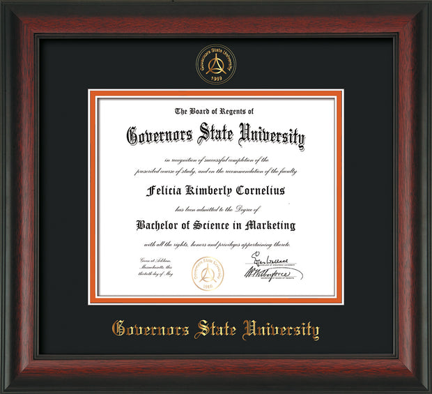 Image of Governor's State University Diploma Frame - Rosewood- w/Embossed GSU Seal & Name - Black on Orange mat