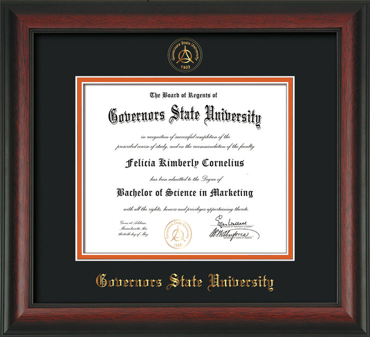 Image of Governor's State University Diploma Frame - Rosewood- w/Embossed GSU Seal & Name - Black on Orange mat