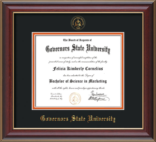 Image of Governor's State University Diploma Frame - Cherry Lacquer- w/Embossed GSU Seal & Name - Black on Orange mat