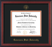 Image of Governor's State University Diploma Frame - Cherry Reverse - w/Embossed GSU Seal & Name - Black on Orange mat