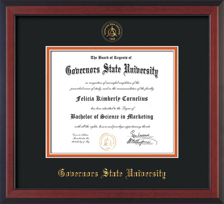 Image of Governor's State University Diploma Frame - Cherry Reverse - w/Embossed GSU Seal & Name - Black on Orange mat