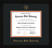 Image of Governor's State University Diploma Frame - Flat Matte Black- w/Embossed GSU Seal & Name - Black on Orange mat