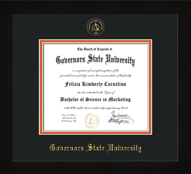 Image of Governor's State University Diploma Frame - Flat Matte Black- w/Embossed GSU Seal & Name - Black on Orange mat