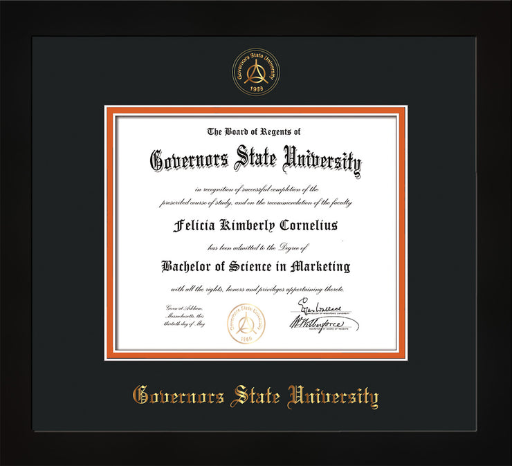 Image of Governor's State University Diploma Frame - Flat Matte Black- w/Embossed GSU Seal & Name - Black on Orange mat