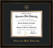 Image of Governor's State University Diploma Frame - Honors Black Satin - w/Embossed GSU Seal & Name - Black on Gold mat