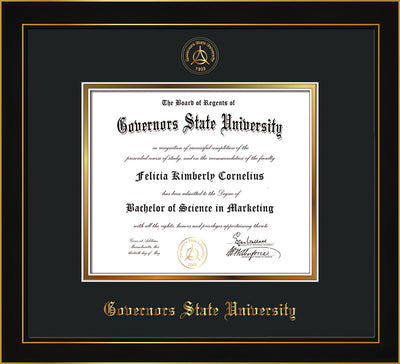 Image of Governor's State University Diploma Frame - Honors Black Satin - w/Embossed GSU Seal & Name - Black on Gold mat