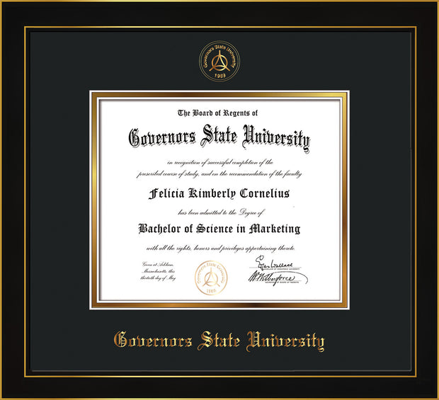 Image of Governor's State University Diploma Frame - Honors Black Satin - w/Embossed GSU Seal & Name - Black on Gold mat
