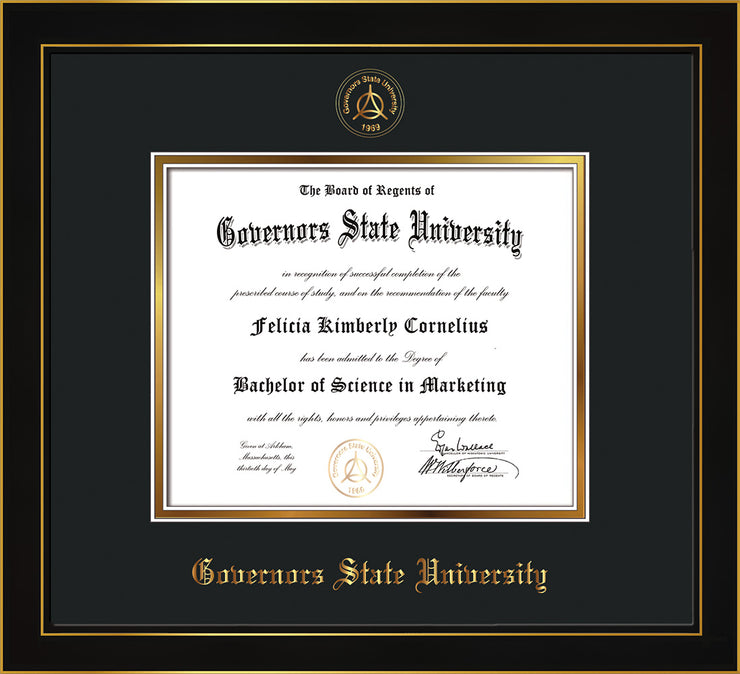 Image of Governor's State University Diploma Frame - Honors Black Satin - w/Embossed GSU Seal & Name - Black on Gold mat