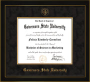 Image of Governor's State University Diploma Frame - Honors Black Satin - w/Embossed GSU Seal & Name - Fillet - Black Suede mat