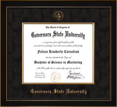 Image of Governor's State University Diploma Frame - Honors Black Satin - w/Embossed GSU Seal & Name - Fillet - Black Suede mat