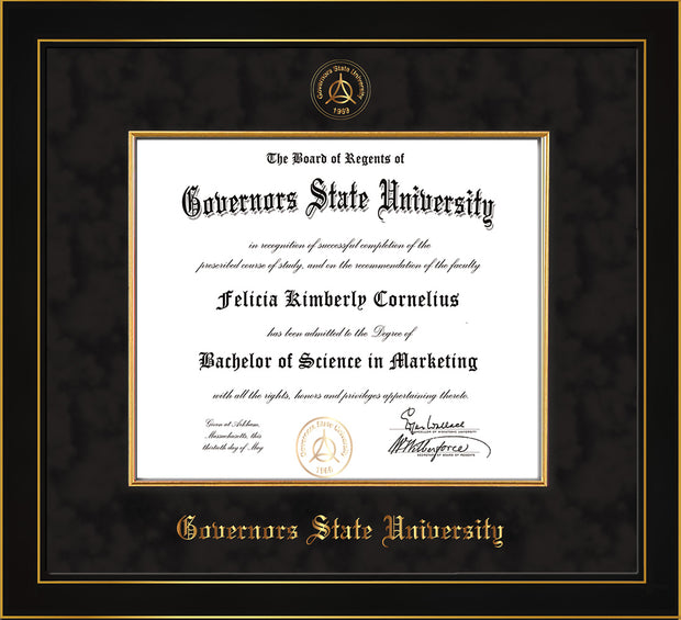 Image of Governor's State University Diploma Frame - Honors Black Satin - w/Embossed GSU Seal & Name - Fillet - Black Suede mat