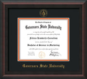 Image of Governor's State University Diploma Frame - Mahogany Braid- w/Embossed GSU Seal & Name - Black on Orange mat