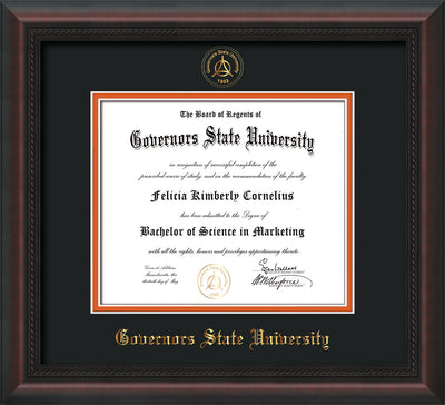 Image of Governor's State University Diploma Frame - Mahogany Braid- w/Embossed GSU Seal & Name - Black on Orange mat