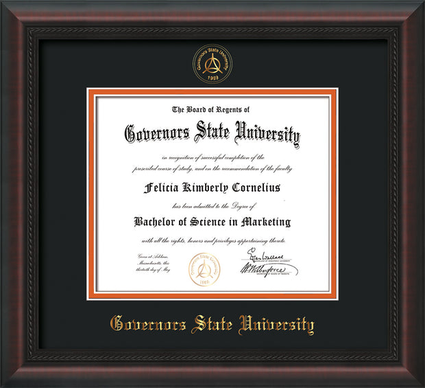 Image of Governor's State University Diploma Frame - Mahogany Braid- w/Embossed GSU Seal & Name - Black on Orange mat