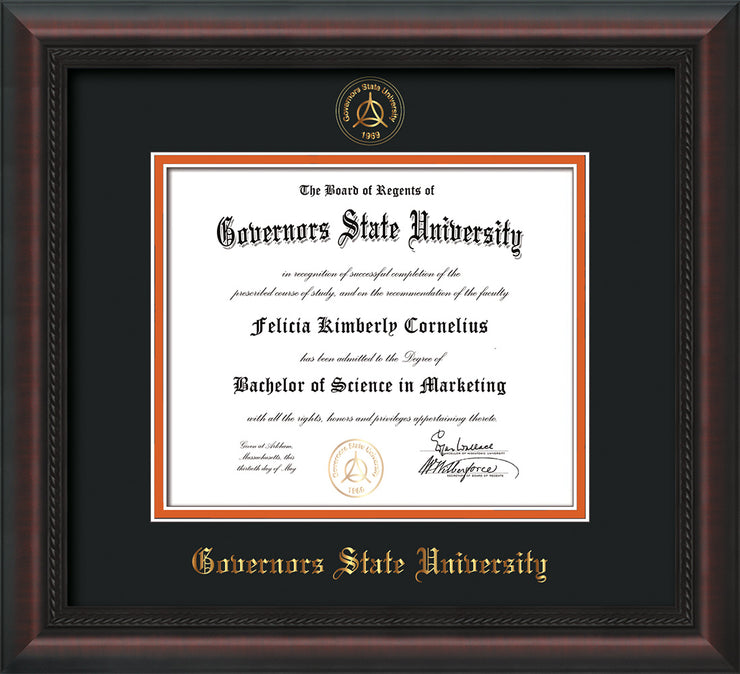Image of Governor's State University Diploma Frame - Mahogany Braid- w/Embossed GSU Seal & Name - Black on Orange mat