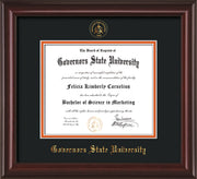 Image of Governor's State University Diploma Frame - Mahogany Lacquer- w/Embossed GSU Seal & Name - Black on Orange mat