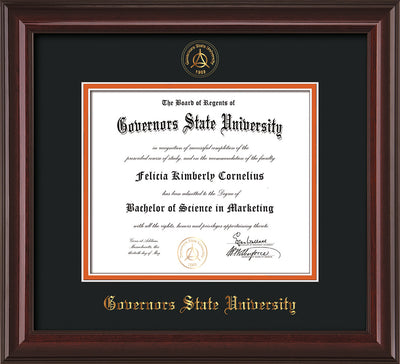 Image of Governor's State University Diploma Frame - Mahogany Lacquer- w/Embossed GSU Seal & Name - Black on Orange mat