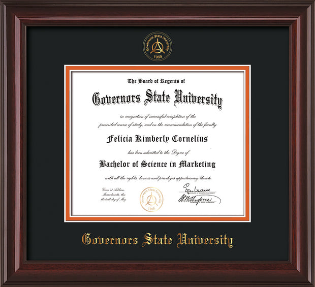 Image of Governor's State University Diploma Frame - Mahogany Lacquer- w/Embossed GSU Seal & Name - Black on Orange mat
