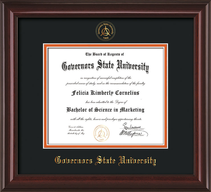 Image of Governor's State University Diploma Frame - Mahogany Lacquer- w/Embossed GSU Seal & Name - Black on Orange mat