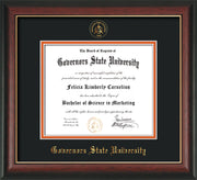 Image of Governor's State University Diploma Frame - Rosewood with Gold Lip - w/Embossed GSU Seal & Name - Black on Orange mat