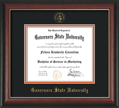 Image of Governor's State University Diploma Frame - Rosewood with Gold Lip - w/Embossed GSU Seal & Name - Black on Orange mat
