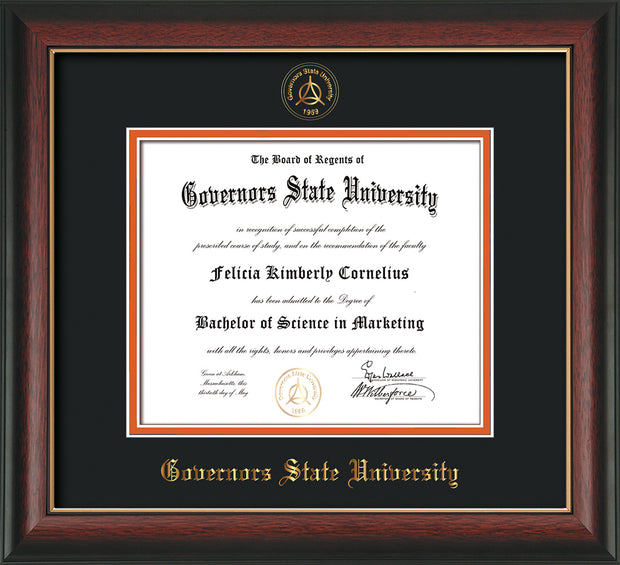 Image of Governor's State University Diploma Frame - Rosewood with Gold Lip - w/Embossed GSU Seal & Name - Black on Orange mat
