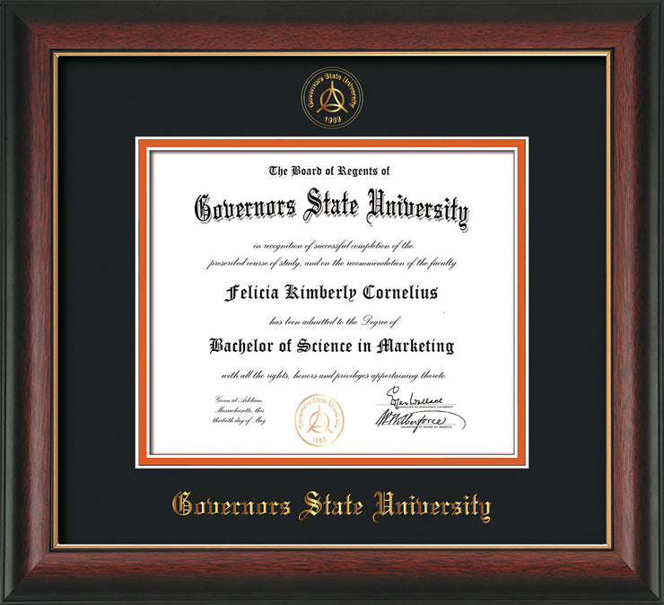 Image of Governor's State University Diploma Frame - Rosewood with Gold Lip - w/Embossed GSU Seal & Name - Black on Orange mat