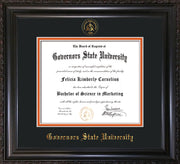 Image of Governor's State University Diploma Frame - Vintage Black Scoop - w/Embossed GSU Seal & Name - Black on Orange mat