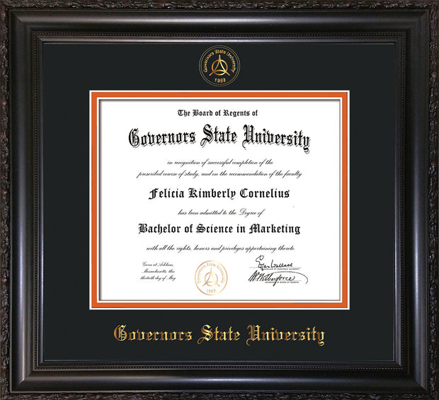 Image of Governor's State University Diploma Frame - Vintage Black Scoop - w/Embossed GSU Seal & Name - Black on Orange mat