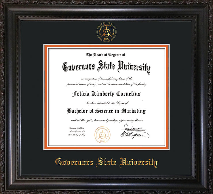 Image of Governor's State University Diploma Frame - Vintage Black Scoop - w/Embossed GSU Seal & Name - Black on Orange mat